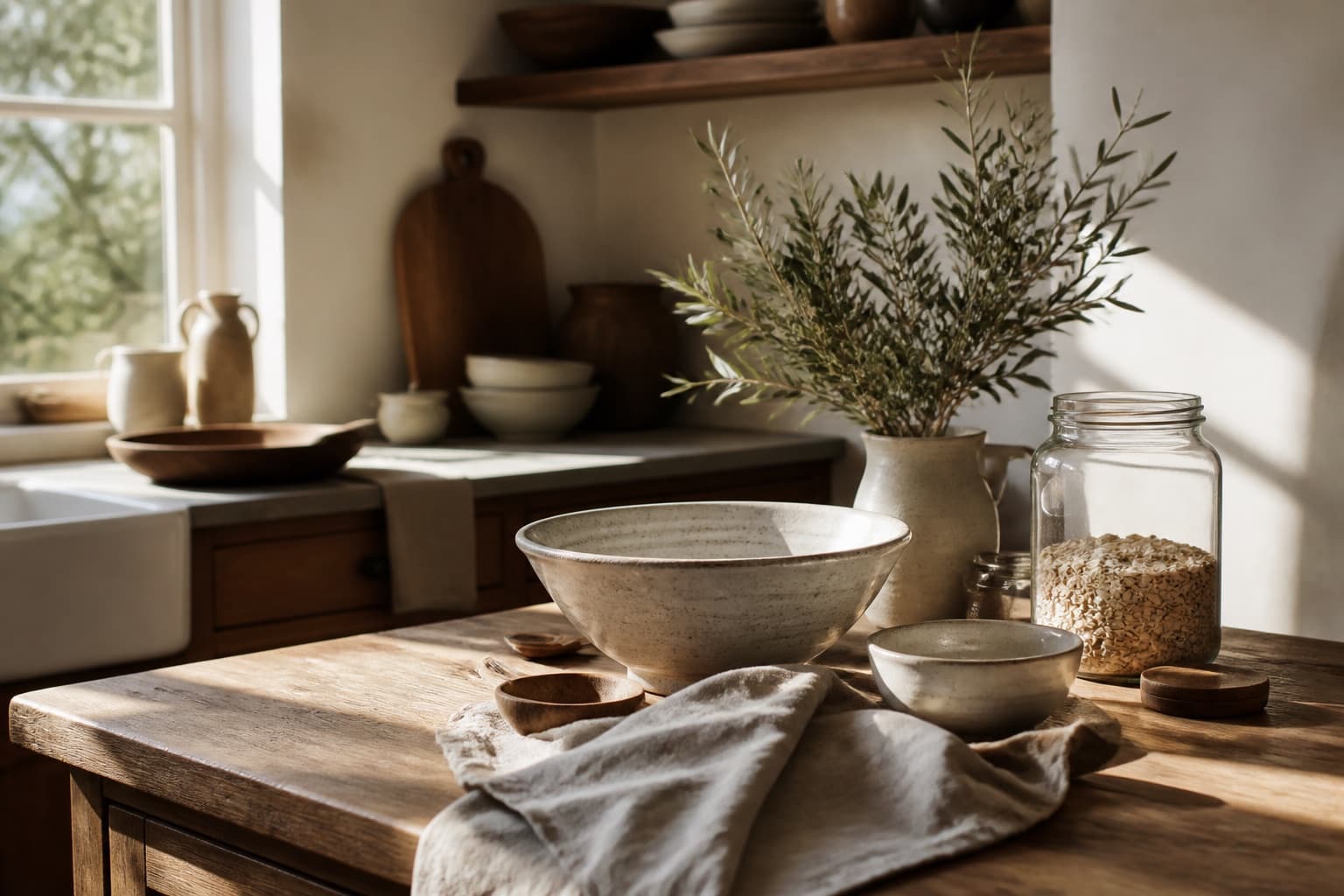 Sunlit farmhouse kitchen with bowls, grain, and botanical stems
