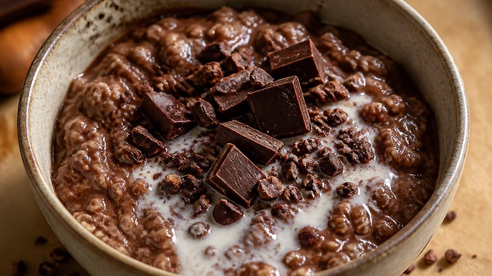 Chocolate overnight oats in a ceramic bowl